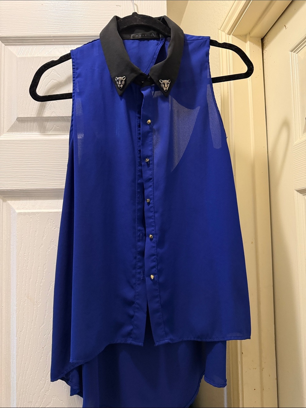 Must Have Cobalt Blue Sleeveless Button-Down Blouse with Black Collar